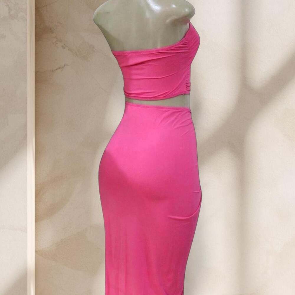 Pink Cutout Two Piece Set – Strapless Top & Draped Maxi Skirt Barbie Sexy ✧ M - Picture 3 of 3